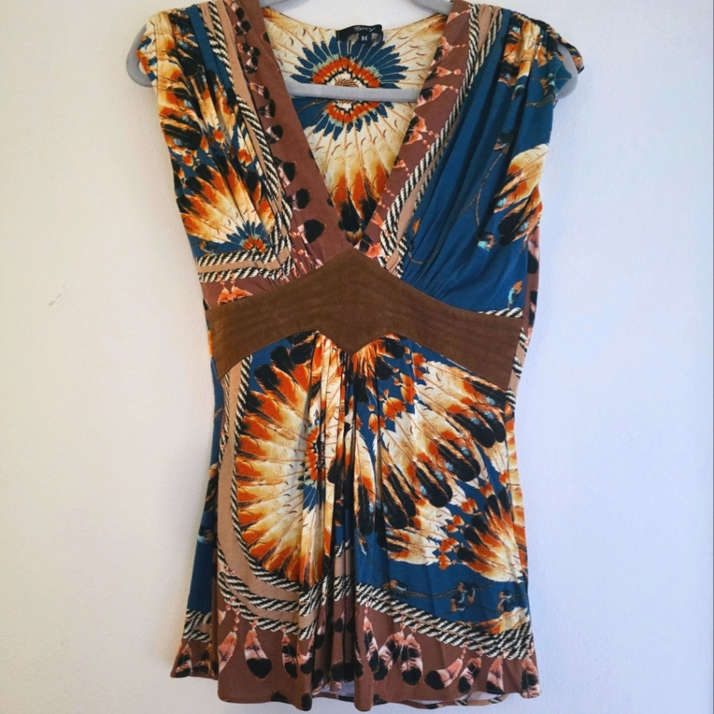 Sky‎ Blue Bohemian Multicolor Sleeveless Shirt With Faux Leather Empir Waist